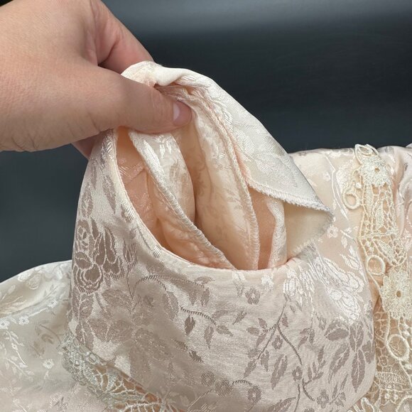 Vintage Peach Floral Dress 80s Nilani Korea Sz 8 Lace Shoulder Pads Drop Waist - Picture 8 of 9